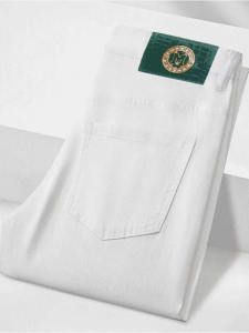 กางเกงยีนส์ทรงตรงผ้าขนแกะหนาสำหรับผู้ชาย ทรงสลิมฟิต กางเกงยีนส์ทรงหลวมสบาย ๆ สีขาว กางเกงขายาว ฤดูใบไม้ร่วง/ฤดูหนาว คอลเลกชั่นใหม่