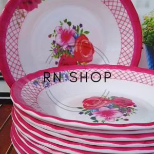12 PCS PIRING MAKAN 23 CM MELAMIN HUGICO MOTIF PINK SEMI KERAMIK TEBAL DAN ANTI PECAH