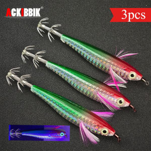 Ackibbik 3pcs Glow Shrimp Fishing Lures Luminous Squid Jig Hook Saltwater Cuttlefishg Fishing Accessories Horizontal Squid Jig