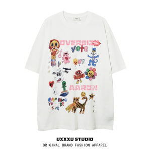 UXXXU STUDIO American Retro Cartoon Print T-Shirt Mens Summer Loose Streetwear Short Sleeve round Neck Youth Fashion