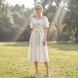 French Style Puff Sleeves Tied Waist Dress
