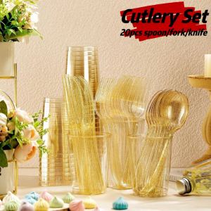 Gold disposable utensils set disposable spoon and fork dessert stand buffet set cutlery set tableware set plastic spoon and fork plastic packing flatware set buffet serving spoon party food serving tray set take out food container weeding accessories