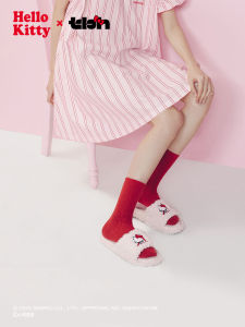 รองเท้าแตะผ้าฝ้ายปักลาย Hello Kitty สำหรับผู้หญิงในบ้าน TBH รองเท้าแตะผ้าขนแกะสุดน่ารัก สไตล์การ์ตูน ฤดูใบไม้ผลิ 2025