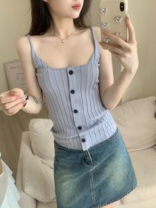 French Grey Ice Silk Knitted Square Collar Strap Vest Womens Summer Slim Fit Base Layer Spicy Sleeveless Thin Top