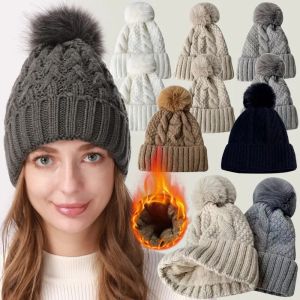New Winter Twist Knitting Hat For Women Fur Pompom Thick Plush Cap Beanie Women Warm Ski Snow Ear Protection Pullover Skullies Hat