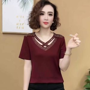 QIAOXIZI | V-Neck Slimming Fashionable Short Sleeve Top for Middle-Aged Women