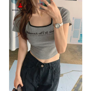 SUGAR American Sweet Spicy Girl Slim Straight Shoulder Square Neck Short Sleeve T shirt Womens Summer Pure Desire Design Sense Slim Fit Short Top