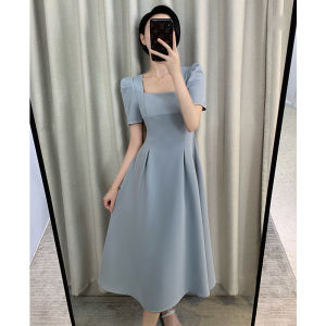 Blue Bubble Sleeve Dress Elegant French Design Square Neck Summer Womens Dress High Waist A-Line Skirt Short Sleeve Midi Dress