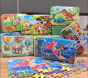 60pcs Wooden Cartoon Puzzle Kids Learning Jigsaw Puzzle Metal Box Early Learning Toys Toy Present Gift Kids