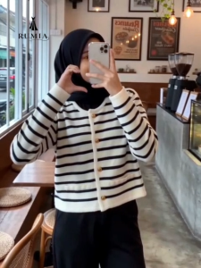 RUMIA Women Striped Knit Cardigan Sweater Cropped Long Sleeve Button Up Top Elegant Casual Fashion SweaterLong Sleeve Button Front Sweater with Gold Buttons & Pocket Detail Baju wanita knitted cardiganReady stock Top