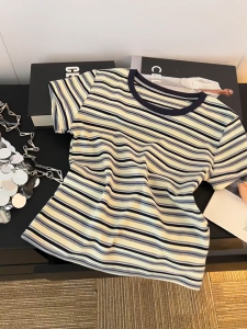 Women Casual Korean Style Striped Short Sleeve Tee Contrast Round Neck T‑Shirt Summer Basic Top