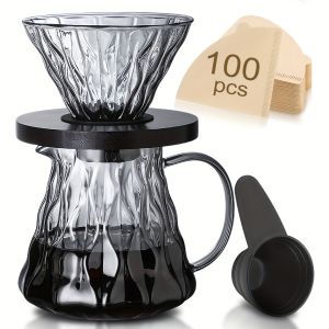 500ml/16oz Pour Over Coffee Maker Set with 100pcs Coffee Filter Paper Wood Tray Filter Cup Coffee Measuring Spoon for Home