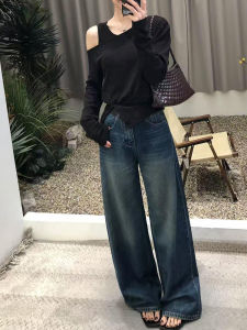 Shalldoer | Chic Shoulder Bared Long Sleeve Womens Set Casual Chic Denim Long Pants Two Piece Suit Autumn New Style Lightweight Polyester