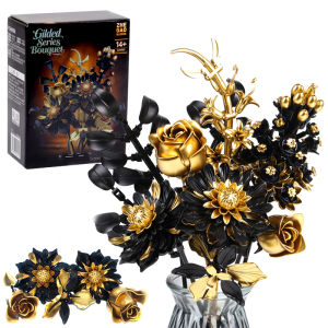 Creative Purple Flower Black Golden Rose Bouquet Building Blocks Home Desk Plant Decoration Assemble Bricks Toys Gift For Girls