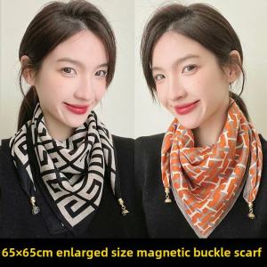 Large Magnetic Clasp Silk Scarf Fashionable Stripe Neck Protection Triangle Winter Spring Autumn Cotton Bird Pattern Women