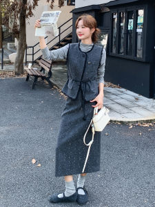 Grey French Vintage Sequin Woolen Set Womens 2025 Autumn New Style Vest Inner Half Skirt Three-piece Set Casual Wear