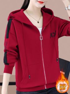 เสื้อสเวตเตอร์มีฮู้ดแบบหนาสำหรับผู้หญิง ทรงหลวม สไตล์เกาหลี ปกเปิด แขนยาว คอตตอนผสมโพลีเอสเตอร์ ฤดูใบไม้ร่วง/ฤดูหนาว