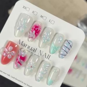10Pcs 3D Iridescent Flower Butterfly Fake Nail Tip M/S/XS Short Almond Press On Nails for Summer Beach Wearable False Fingertips