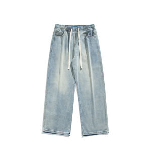 2026 Spring Autumn Mens Loose Black Washed Denim Jeans Baggy Drawstring Waist American Street Style Casual Daily Pants