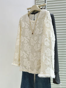 QINGNAER | Lace Embroidered Fluffy Cuffs Round Neck Oversized Blouse