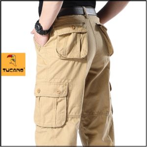 Tucano กระเป๋าขนาดใหญ่หลวมชุดกีฬากลางแจ้งของผู้ชายกางเกงยุทธศาสตร์เอวยืดหยุ่นฝ้ายบริสุทธิ์กางเกงทำงานสบายๆ