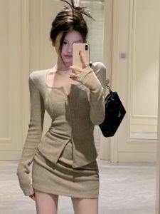 GUZILIAN | American Style Sweetheart Versatile Knitted Set Dress Womens Autumn Gentle Slim Fit Top High Waist Wrap Around Pants Two Piece Set