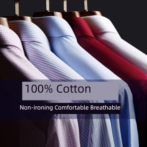 Fall Mens Long Sleeve Shirt Cotton Non-Ironing Business Formal Wear High-End Cotton Striped Large Size Professional Anti-Wrinkle Shirt
