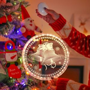Christmas LED Ambient Hanging Lamp Battery Powered Acrylic Santa Snowflake Round Light For Shop Window Home Xmas Tree Decor