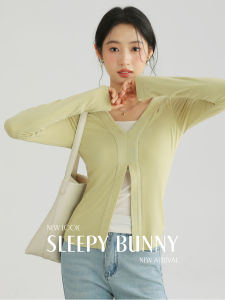 V-Neck Fake Two-Piece Design Long Sleeve T-Shirt Slim Fit Small Women Stretchable