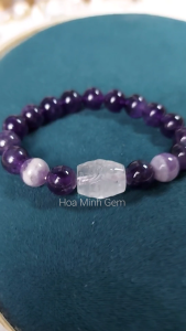 Vòng tay đá Thạch Anh Tím Amethyst tự nhiên size hạt 10 li phối lu thống Thạch Anh Trắng chạm vân mây | Hoa Minh Gem