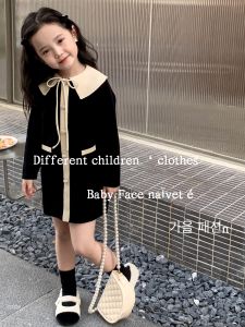 Autumn Winter Knitted Dress for Girls Fashionable Collar Childs Personality Wool Skirt Long Sleeve Princess Style Pure Color