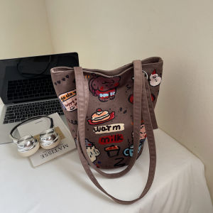 Cute Bucket Shoulder Bag Womens Sweet School Style Fashionable Versatile Cartoon Print Casual Chic Handbag for All Seasons
