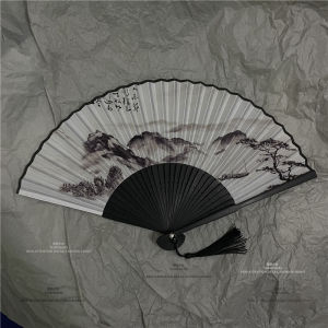 Classic Retro Chinese Style Landscape Yellow Crane Tower Ink Painting Folding Fan Retro Cheongsam Cos Foldable Dancing Bamboo Fan