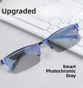 Mens Semi-Rimmed Glasses Color Changing Anti-blue Light UV Protection Automatic Light Sensing Near-Sightedness Prescription Glasses