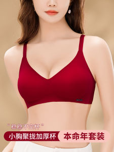 Red Wedding Bride Thickened Push up Bra And Panties Set for Women Lucky Year Underwear Ensemble Seamless V-Neck Fixed Straps