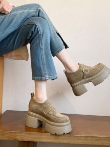 Fashionable Brown Thick Bottom Loafers Retro High Heels Spring 2025 New Style Increased Height Small Size Knot Leather Shoes