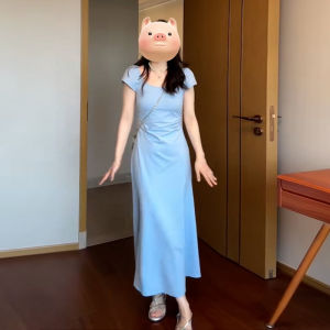 SUSIEYUAN | Blue Square Neck Tailored Waist Fish-Tail Dress