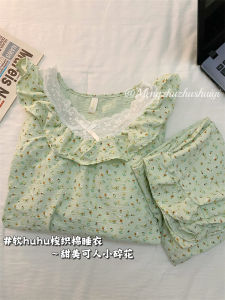 Spring Autumn 2024 Womens Pure Cotton Thin Woven Long Sleeve Long Pants Floral Home Clothes Sleepwear Set V-neck Elastic Waist