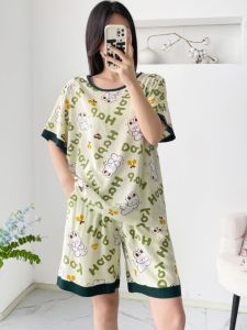 ชุดนอนผ้าไหมคอตตอนสำหรับผู้หญิง ชุดนอนฤดูร้อน หลวม บาง แขนสั้น กางเกงขาสั้น ชุดนอนสองชิ้น ไซส์ใหญ่ ชุดนอนผ้าฝ้ายเทียม