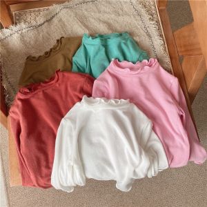 Áo Thun Trẻ Em Tay Dài Cổ Cao Co Giãn Thời Trang Mới Thu Đông Phong Cách Hàn Quốc Cho Bé Gái Áo Thun Cotton Dài Tay Viền Ren