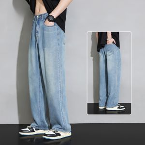 ROMON | Lormen Mens Ice Silk Jeans Summer Thin Fashion Loose Straight Leg Wide Leg Washed Blue Casual Long Pants Cool Feeling Light Weight