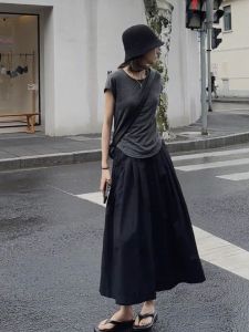 Bộ Đồ Hai Mảnh Mùa Hè Cho Nữ Tay Ngắn Màu Trơn Cạp Cao Che Mông Quần Áo Làm Việc Polyester Cổ Tròn Tay Dài