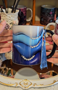 3D blue gradient swirl design sublimation ceramic coffee mug with tassel handle (with crystals) for gift/anniversary/birthday/graduation