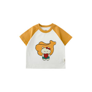 Youyou Girls Summer Casual Cotton Blend T-Shirt Half Sleeve Shoulder Insert round Neck Ribbed Cartoon Print Cute Top