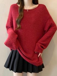 Red Christmas New Year Womens Large Size Lazy Style Knitted Sweater Shoulder Width Regular Autumn Winter Fashion Commute