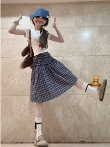 BINKAFENNY | Summer Outfit White Short Sleeve T-Shirt Plaid Mini Skirt Two-Piece Set Womens College Style Anti-Aging Round Neck Top Bottom