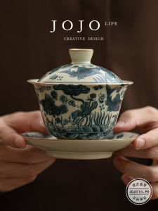 JOJOS L.PD.Has Chinese Style Song Dynasty Ru Kiln Fish And Water Plant Pattern Three Element Bowl Retro Home Use Ceramic Tea Set
