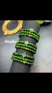 vòng tay nữ dáng chuỗi ngọc bích tự nhiên mix charm hoa mai ngọc bích và cầu kim tiền vàng tây vòng tay đá phong thủy trang sức thiết kế đủ hóa đơn thẻ bảo hành
