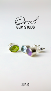 Open on Museum ต่างหูเงินแท้ พลอยแท้ แบบแป้น Oval Gem Studs