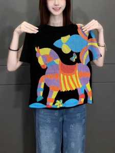 New 2024 Womens Black Cotton Short Sleeve T-Shirt Street Style Commute Fashionable plus Size Geometric Pattern Korean Version